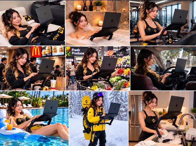 A collage of lifestyle images featuring a woman using a laptop with a Binance-branded wristband, including scenes at a pool, in a bathtub, shopping at McDonald's and a grocery store, skiing in a yellow Binance ski outfit, driving, and in a kitchen.
