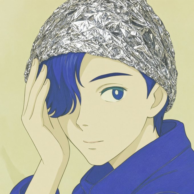 An anime-style illustration shows a character with blue hair wearing a crumpled aluminum foil hat and a blue shirt, resting their hand on their forehead.