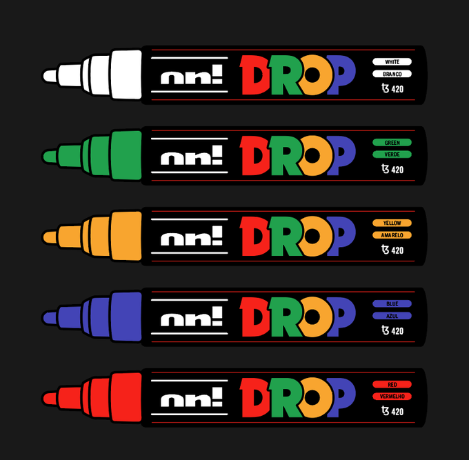 An illustration of five colorful markers labeled 'nh! DROP t3 420' in white, green, yellow, blue, and red, with color names in English and Spanish.