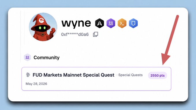 The image presents a screenshot of an online form or post from WYNE, which appears to be a social media account with a friend or community member. It displays information about a special quest for users at FUD Markets that is ongoing for XP distribution, requiring participants to join and check off their completed tasks on the site to receive XP points. A small red arrow on top of the post points towards the profile of WYNE in the bottom right corner of the screen.