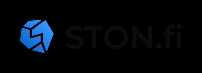 A simple logo on a black background for 'STON.fi' featuring a geometric blue shape resembling a broken 'S' next to the brand name in dark gray text.