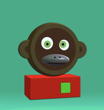 A 3D-rendered cartoon monkey head with green eyes and a gray muzzle sits atop a red rectangular block against a green background.