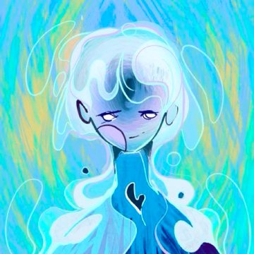 A digital illustration of a blue-skinned, melancholic figure with flowing white hair and purple-tinged eyes set against a swirling teal and yellow background.