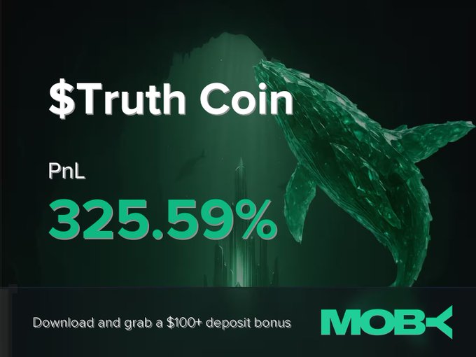 A dark green graphic advertises "$Truth Coin" with a PnL of "325.59%" displayed in bold green text alongside a faceted whale illustration, promoting Moby's mobile trading platform with a "$100+ deposit bonus" offer. The image visualizes the impressive 325.59% profit claimed in the win alert, tying the visual gains to Moby's branding.