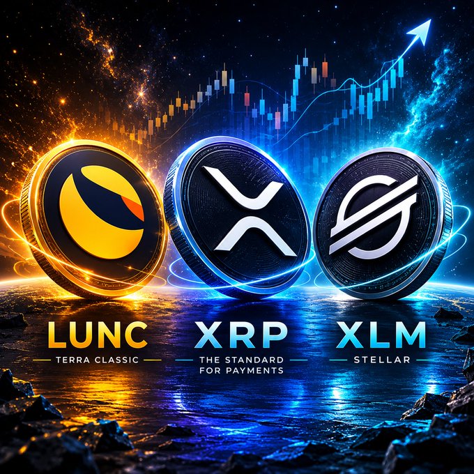 A cosmic display features three glowing cryptocurrency coins—**LUNC (Terra Classic)**, **XRP (The Standard for Payments)**, and **XLM (Stellar)**—set against a starry backdrop with ascending candlestick charts and an upward arrow, symbolizing bullish momentum. The image visually reinforces the post's emphasis on these three tokens as the author's top three holdings and long-term conviction picks.