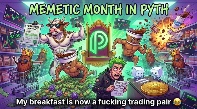 The image shows a digital advertisement for Memetric Month In Pyth, with an illustration of a cartoon cow, bull, and other farm animals holding coffee cups and standing over a grocery store scene. The post features a quote by Pyth Network about their portfolio and market analysis service.