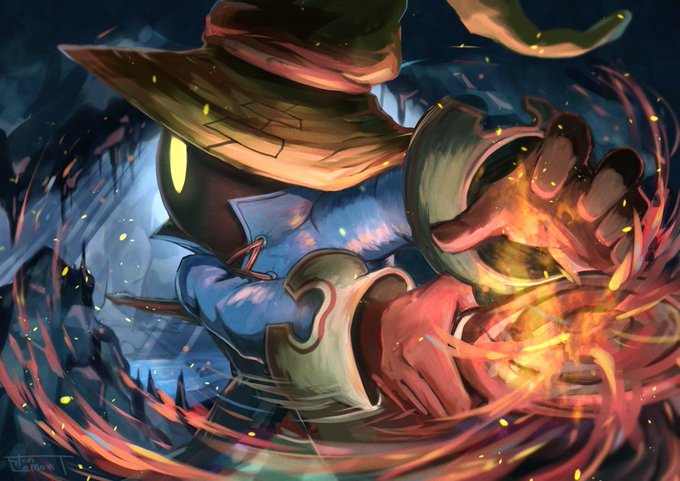 A digital illustration depicts a blue-skinned character wearing a large orange wizard hat, manipulating glowing orange flames with their hands.