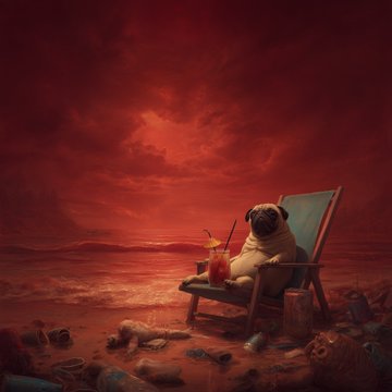 A surreal illustration of a pug sitting on a beach chair holding a tropical drink, set against a deep red sky with a polluted shoreline in the foreground.
