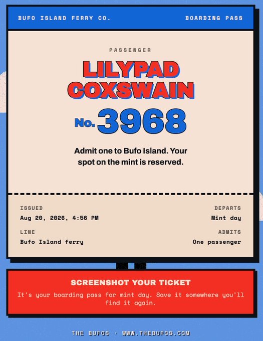 A digital boarding pass from 'BUFO ISLAND FERRY CO.' for passenger 'LILYPAD COXSWAIN' (No. 3968), issued Aug 20, 2026, 4:56 PM, with a note to 'SCREENSHOT YOUR TICKET'.