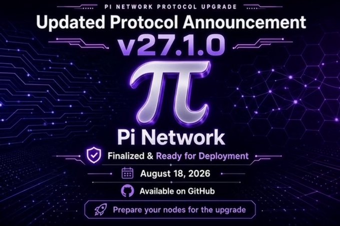 A promotional graphic announces the Pi Network Protocol Upgrade v27.1.0, featuring the Pi (π) symbol prominently against a purple circuit-board background. The graphic confirms the protocol is finalized and ready for deployment as of August 18, 2026, available on GitHub, with a call-to-action prompting users to "Prepare your nodes for the upgrade."