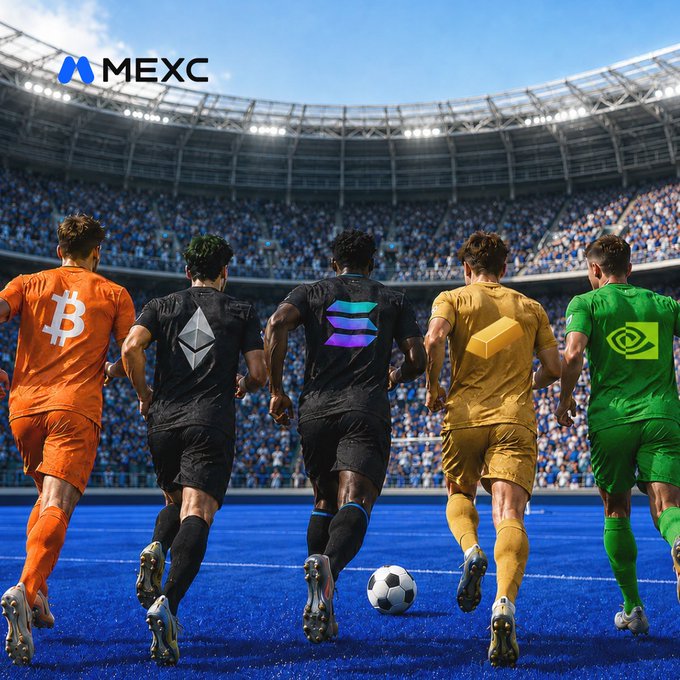 The image features a group of five soccer players wearing jerseys with different colors, running across a field while playing soccer. The background shows an empty stadium filled with spectators watching the game. The caption for the image reads "The market has entered football season Pick your jersey: BTCETH SOL GOLD NVDA One community. Infinite plays." This suggests that the players are participating in a soccer match and wearing jerseys representing different companies, possibly indicating sponsorships or affiliations within the sports industry.

The post also mentions Bitcoin, Ethereum, and Solana as possible options for choosing a team's jersey. The image is accompanied by a logo of a soccer ball on the field, reinforcing the theme of the game being played.