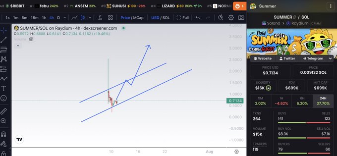 A trading chart displays the SUMMER/SOL pair on Raydium at $0.7134, showing an ascending channel pattern with technical analysis lines drawn to suggest a potential breakout, alongside a market cap of $699K and 24-hour trading volume of $15K. The image supports the post's bullish narrative by visually emphasizing the token's low market cap (only $699K against the claimed 300K supply) and its tight price action within an upward channel, reinforcing the author's claim that $SUMMER is an under-the-radar opportunity similar to the early days of $ANSEM.