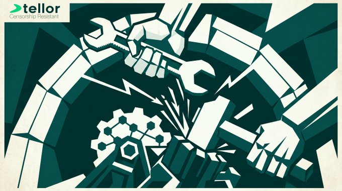 Tellor logo with 'Censorship Resistant' tagline above a stylized illustration of hands holding a wrench and gears.