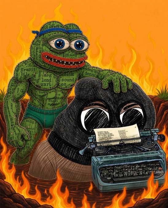 A colorful illustration showing a green monster with a text-textured body and blue headband standing behind a figure in a black beanie and sunglasses operating a blue typewriter, surrounded by flames.