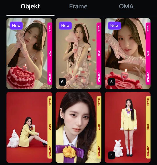A mobile app interface displays photo sets of a woman in pink and yellow outfits, labeled with 'Objekt', 'Frame', and 'OMA' tabs and 'ARTMS' branding.