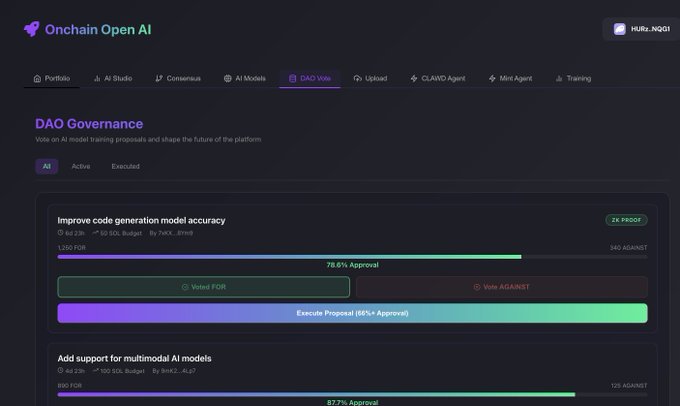 The "Onchain Open AI" DAO Governance interface showing active proposals, including "Improve code generation model accuracy" at 78.6% approval and "Add support for multimodal AI models" at 87.7% approval.