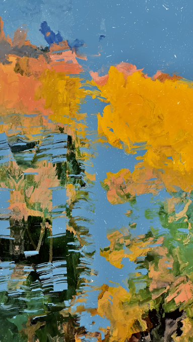 An abstract impressionist painting with thick brushstrokes depicting a landscape with a blue sky, vibrant orange and yellow trees, and water reflections in blues, pinks, and greens.