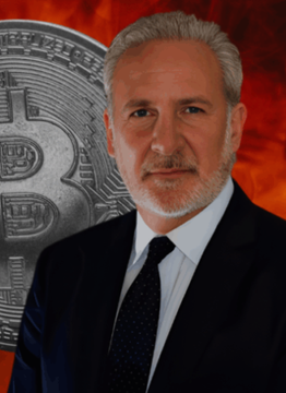 A portrait of economist Peter Schiff appears against a backdrop featuring a large Bitcoin coin, visually reinforcing his controversial call to sell Bitcoin in favor of gold. The image accompanies commentary highlighting the irony that both assets have declined in 2026, with Bitcoin down roughly 6.8% and gold down 4.2%, undermining Schiff's bearish Bitcoin stance.
