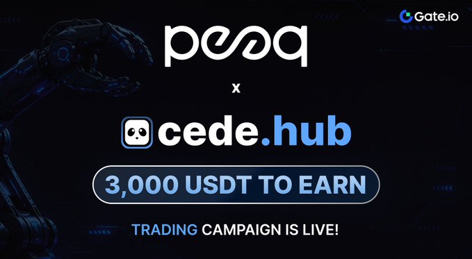 A promotional graphic for a trading campaign featuring 'peaq x cede.hub' with '3,000 USDT TO EARN' and 'TRADING CAMPAIGN IS LIVE!' text, sponsored by Gate.io.