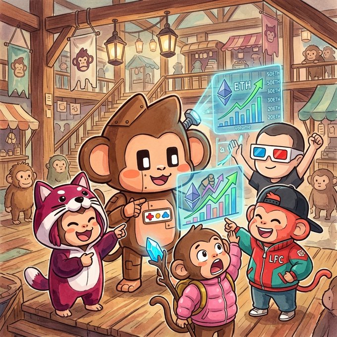 A colorful illustration of cartoon characters including a monkey, a cat in a hoodie, and a figure with 3D glasses, gathered around floating Ethereum-themed charts in a marketplace setting.