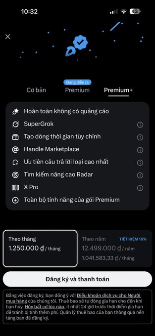 A mobile app screenshot showing a Premium+ subscription tier in Vietnamese with features like SuperGrok, ad-free experience, and X Pro, priced at 1,250,000 đ/tháng (monthly) or 12,499,000 đ/năm (annually).