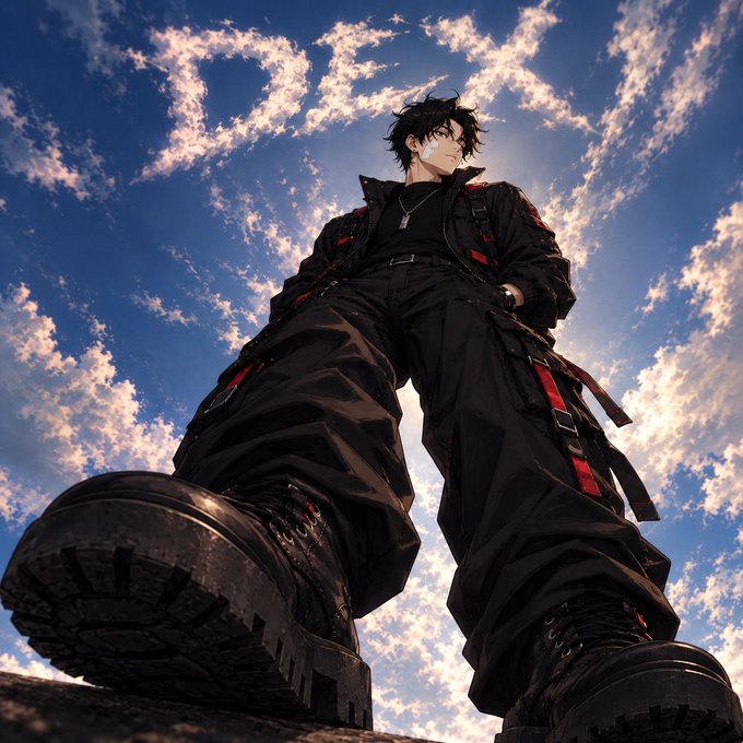 An anime-style illustration showing a low-angle view of a dark-haired character in black tactical pants with red accents and heavy black boots, standing against a blue sky with scattered clouds.