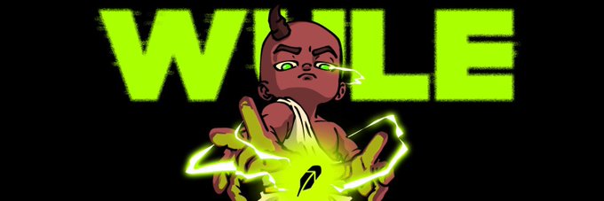 A stylized graphic with the word 'WILE' in bold green letters, featuring a horned character with glowing green eyes and lightning effects in a fighting pose.