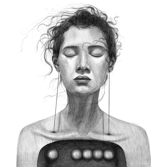 A detailed pencil sketch portrait of a woman with closed eyes, her hair pulled up loosely, wearing long earrings that connect to spherical pendants resting on her chest.