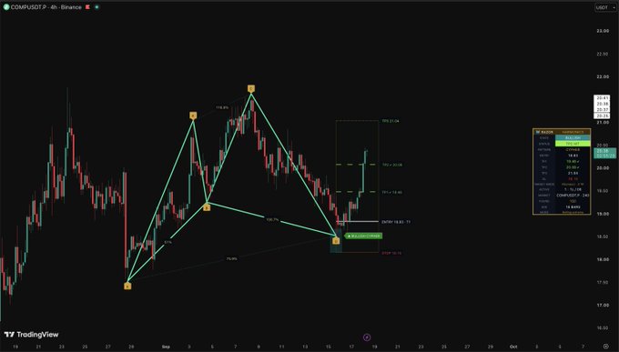 A 4-hour TradingView chart of COMP/USDT showing a bullish Gartley harmonic pattern with a long position entry at $19.07 and a TP2 target near $22.12, confirming the post's "$COMP TP2" trade setup.