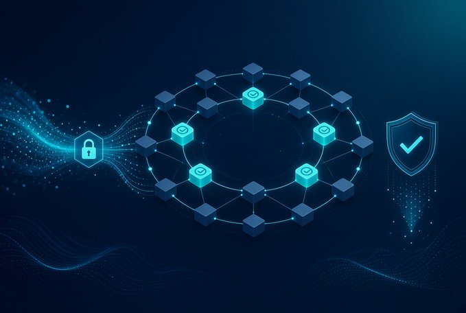 A digital graphic depicts a blockchain network with interconnected cubes, flanked by a padlock icon on the left and a shield with a checkmark on the right, symbolizing security.