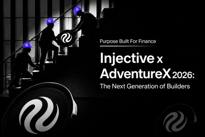 A promotional graphic for 'Injective x AdventureX 2026: The Next Generation of Builders' featuring silhouetted figures carrying the Injective logo.