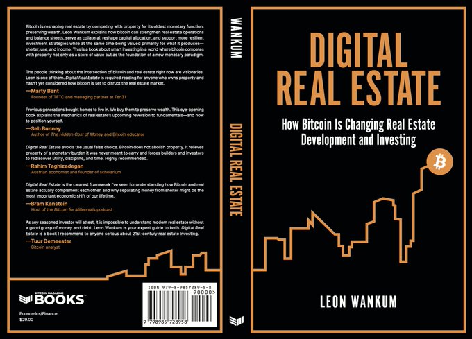 The front and back covers of the book 'Digital Real Estate: How Bitcoin Is Changing Real Estate Development and Investing' by Leon Wankum, published by Boom Books.