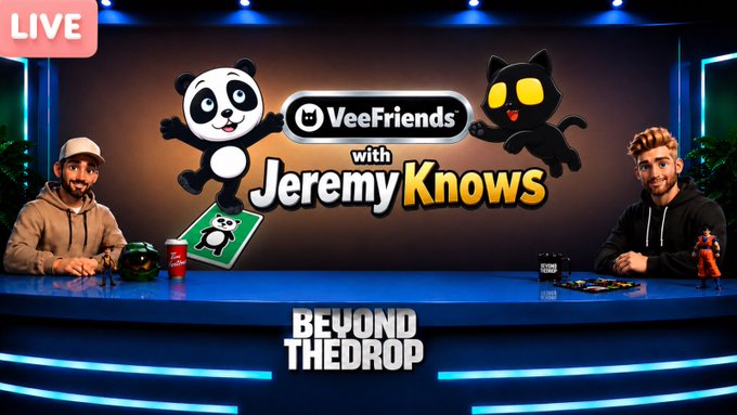 A promotional live stream thumbnail titled 'VeeFriends with Jeremy Knows - Beyond the Drop,' featuring two hosts sitting at a desk with cartoon panda and cat characters on the screen behind them.