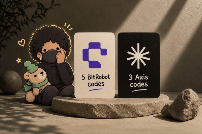 A 3D-style illustration of a character with curly hair and a monkey plush sitting next to two cards labeled '5 BitRobot codes' and '3 Axis codes'.