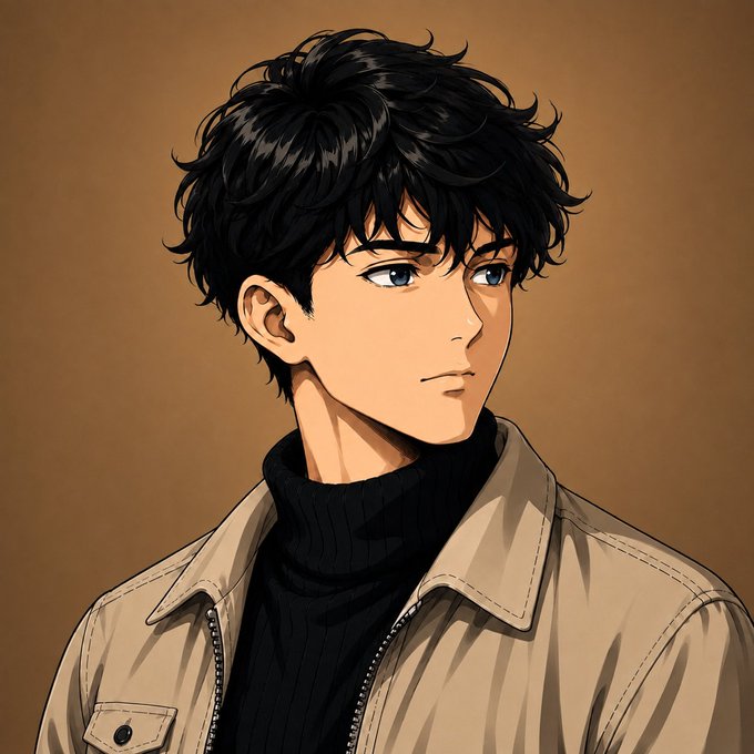 An anime-style portrait of a young man with tousled black hair, blue eyes, and a black turtleneck under a beige jacket, set against a warm brown background — a stylish, casual visual companion to a weekend Web3 community greeting.