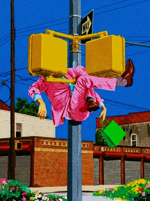 A surreal photo collage showing a person in a pink suit appearing to fall or float horizontally between two yellow traffic signal boxes mounted on a pole, with a 'ONE WAY' sign above and a green bag in their hand.