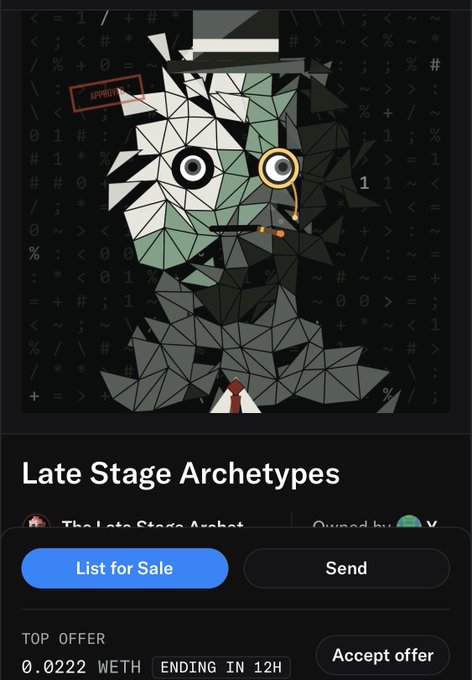 A screenshot from an NFT marketplace showing a polygonal-style character called 'Late Stage Archetypes' with one normal eye and one mechanical eye, featuring a 'List for Sale' button and a top offer of '0.0222 WETH' ending in 12H.