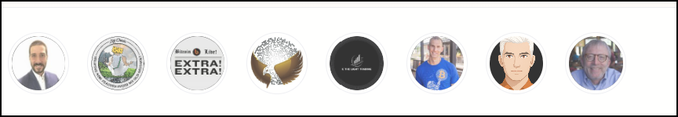 A horizontal row of eight oval profile frames displays a mix of headshots and logos, including an eagle emblem, a black "LIN DO THORNE" design, and a "Magic of 1 Bit - EXTRA! EXTRA!" sign, likely representing members or affiliates of a crypto trading service being promoted in the accompanying BitcoinLive sale post.