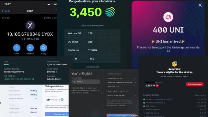 A collage showing crypto airdrop claims including 3,450 Hyperliquid tokens (HYPE), 400 UNI from Uniswap, an airdrop eligibility for airdrop showing 1,231.79 OP, and other token allocation breakdowns, illustrating the potential value users received from various DeFi activities like trading, domain purchases, and network usage.

Key details: "13,185.67934949 DYDX ≈ $140,472.48" and "Claim your tokens" screens are visible.