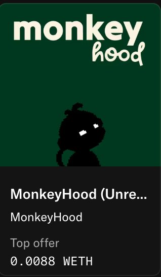 A dark green digital collectible listing for 'MonkeyHood' by MonkeyHood shows a silhouetted monkey logo with glowing eyes, listed as a 'Top offer' at 0.0088 WETH.