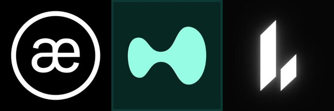 Three cryptocurrency project logos displayed side by side: Acurast (stylized 'ae' in a circle), Hashflow (green bone/dumbbell shape on dark background), and Stargate Finance (white parallelogram design).