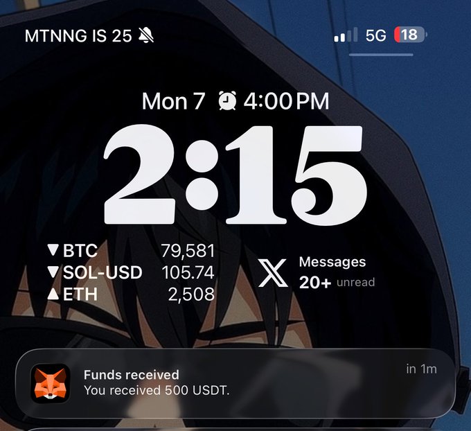 An iOS lock screen displays the time as 2:15 PM on Monday the 7th, with the date "MTNNG IS 25" and a notification confirming "Funds received: You received 500 USDT," which directly corresponds to the post celebrating a web3 payday.
