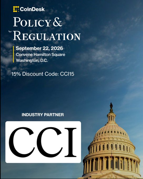 A promotional graphic for the CoinDesk 'Policy & Regulation' event on September 22, 2026, at Convene Hamilton Square in Washington, D.C., with a 15% discount code 'CCI15' and the U.S. Capitol building in the background.