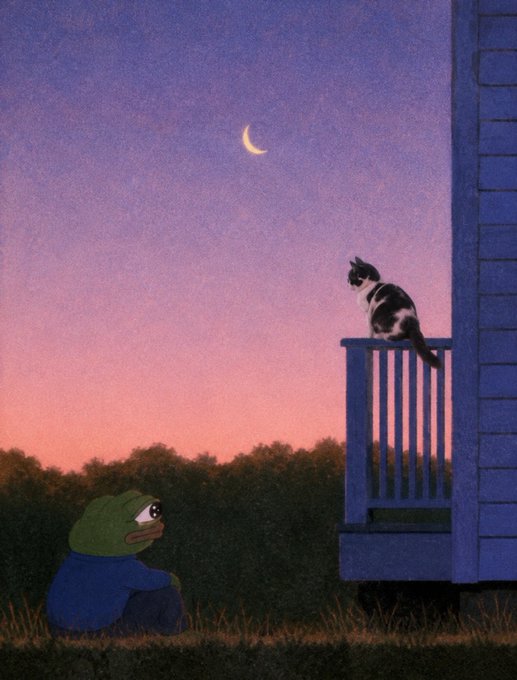 An illustration of a black and white cat sitting on a porch railing, looking down at a crying figure in a green hoodie under a crescent moon.