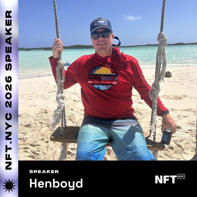 Promotional graphic for 'NFT.NYC 2026 SPEAKER' featuring a smiling man in a red shirt and sunglasses sitting on a beach swing, identified as 'Henboyd'.