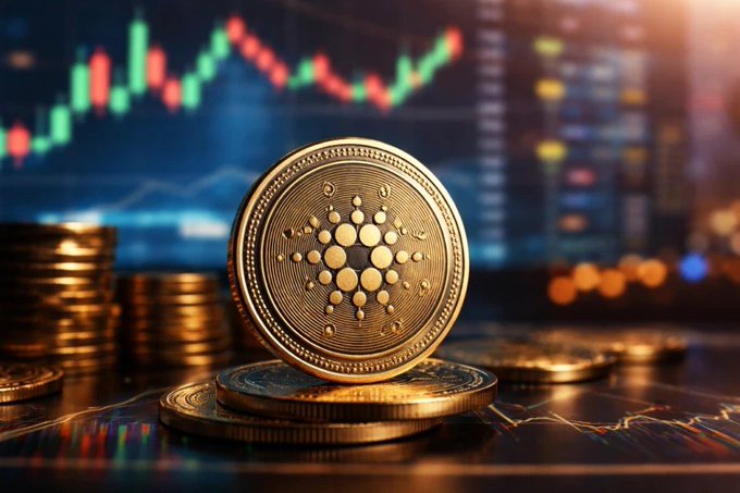 A golden Cardano (ADA) cryptocurrency coin stands upright on a stack of similar coins against a backdrop of a stock market chart with green and red candlesticks.