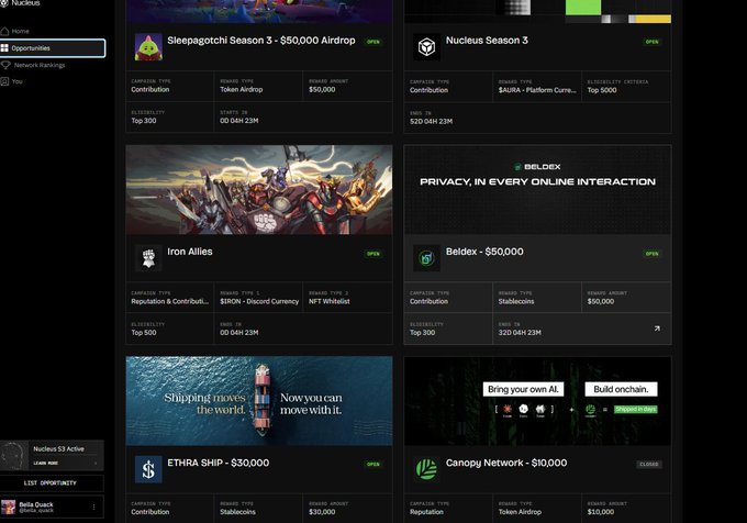 A dashboard for 'Nucleus' showing various crypto airdrop opportunities including 'Sleepagotchi Season 3 - $50,000 Airdrop', 'Nucleus Season 3', 'Iron Allies', 'Beldex', 'ETHRA SHIP - $30,000', and 'Canopy Network - $10,000'.