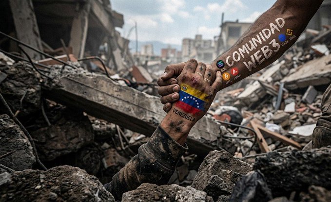 A paint-dusted hand reaching up from rubble grasps another hand, with the rescuer's arm displaying painted logos for "COMUNIDAD WEB3" alongside Solana, Ethereum, Bitcoin, Avalanche, Binance, and Stellar, plus a Venezuelan flag—symbolizing how Web3 cryptocurrency communities delivered fast, decentralized aid to disaster victims in Venezuela.