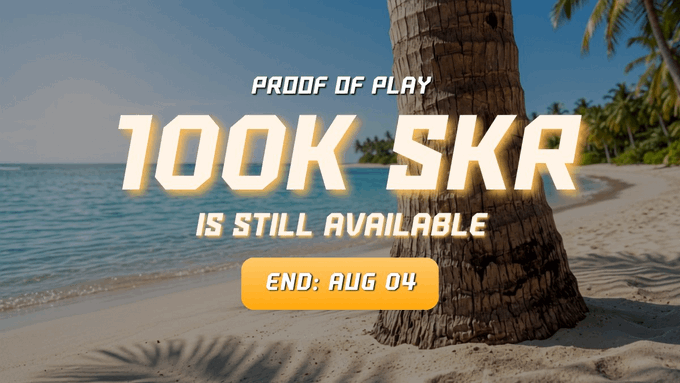 This image advertises "Proof of Play" with "100K SKR" still available, ending on "AUG 04". It visually supports the post's mention of a summer raffle for $SKR tokens via onchain games on Solana.