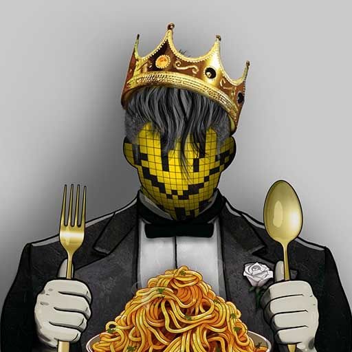A digital illustration of a figure wearing a gold crown and a yellow pixelated mask, dressed in a tuxedo, holding a gold fork and spoon behind a plate of spaghetti.